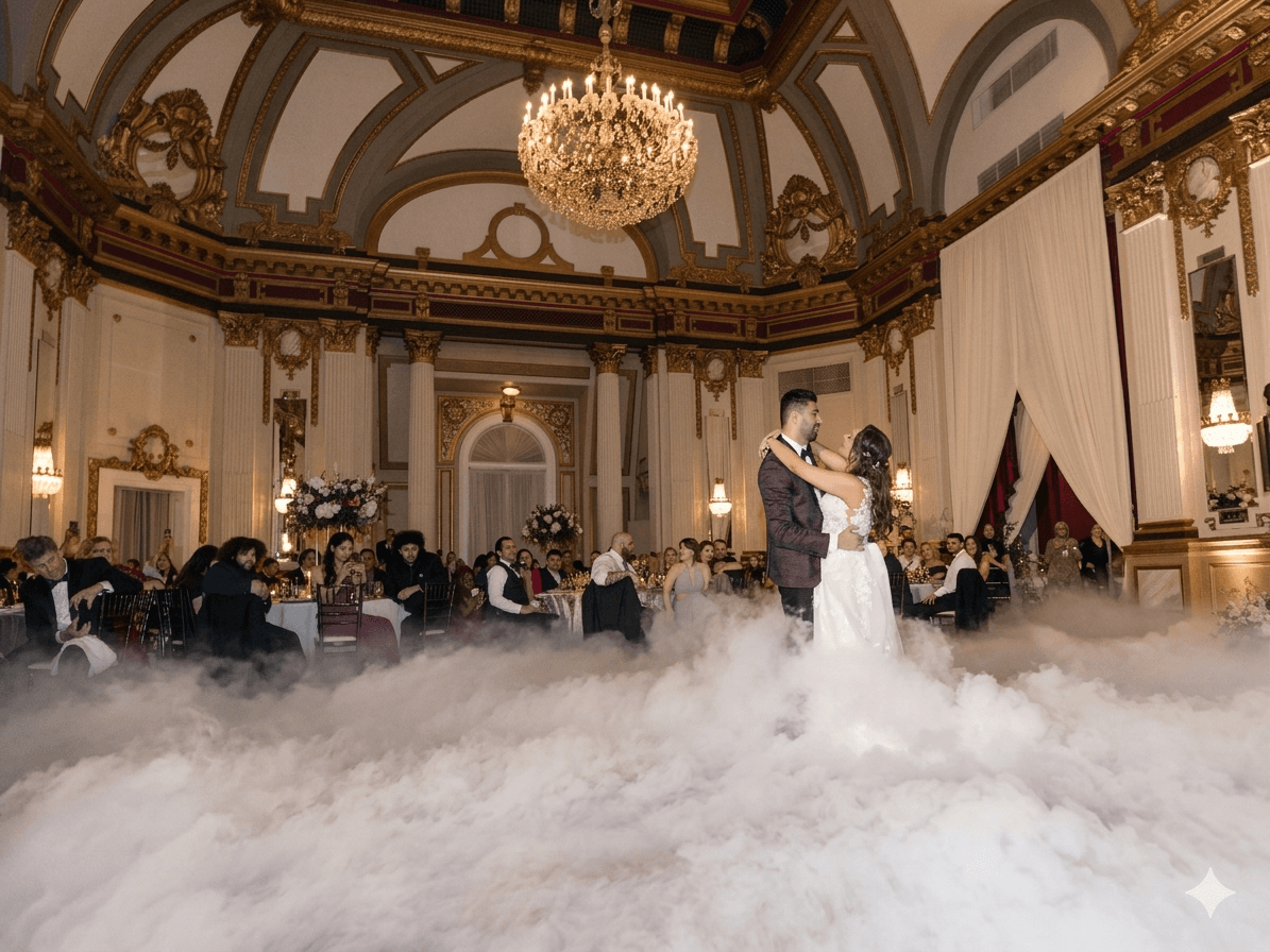 Couple dancing on clouds in a grand ballroom