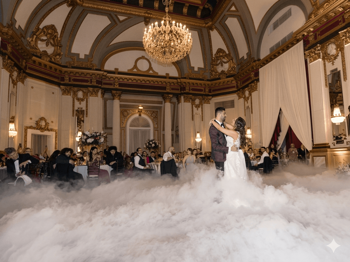 Couple dancing on clouds in a grand ballroom